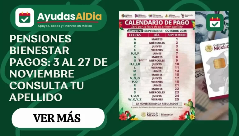 Calendario Bienestar noviembre-diciembre 2026: fechas de pago por apellido para adultos mayores, mujeres y discapacidad
